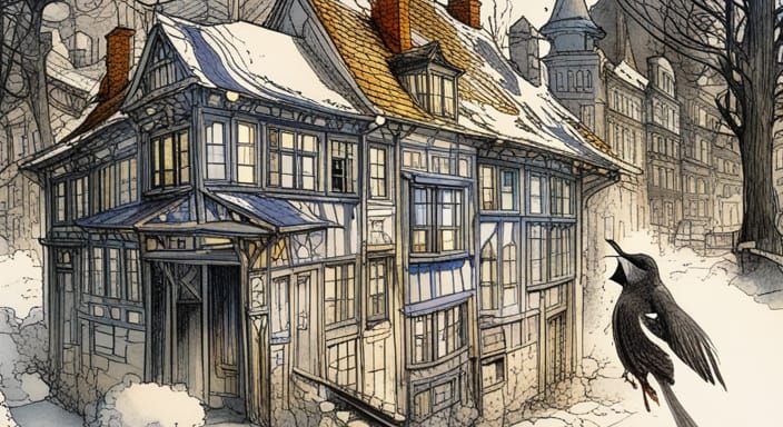 Art Nouveau Town in Blue Ink Drawing