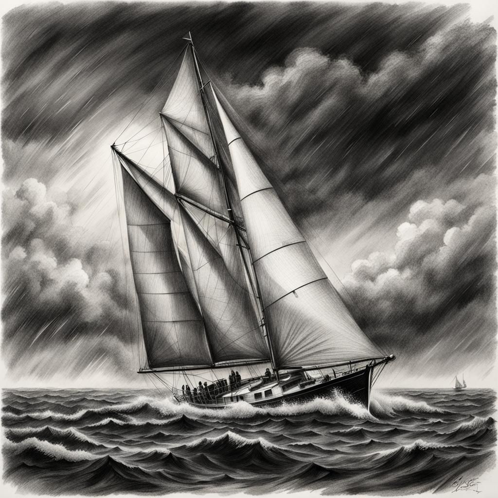 Sailboat in Stormy Ocean: Detailed Charcoal Drawing