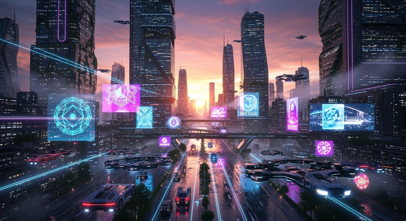 Futuristic Cityscape at Sunset in Cyberpunk Style