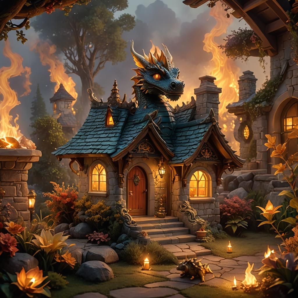 Ethereal Fantasy Casita with Toy Dragon in Flames