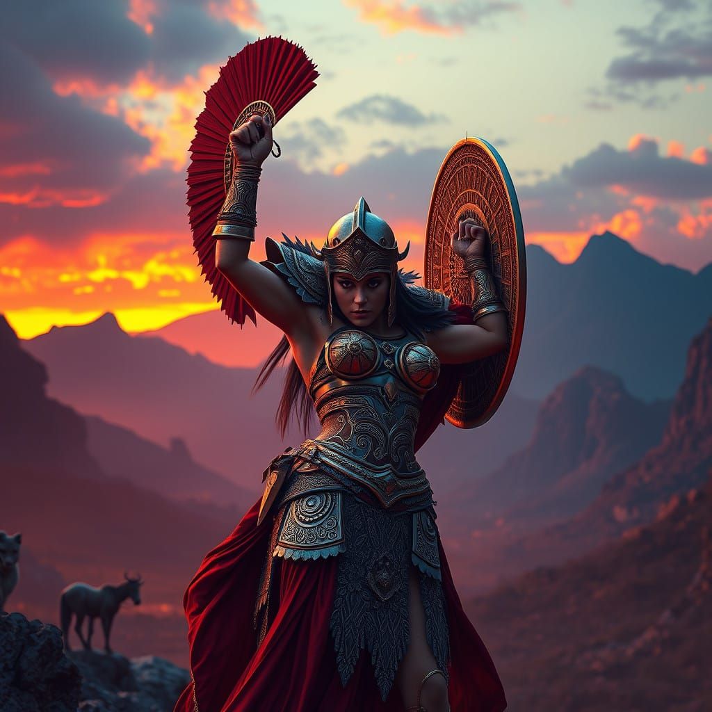 Epic Greek Warrior Goddess in Hyper-Realistic Ancient Landsc...