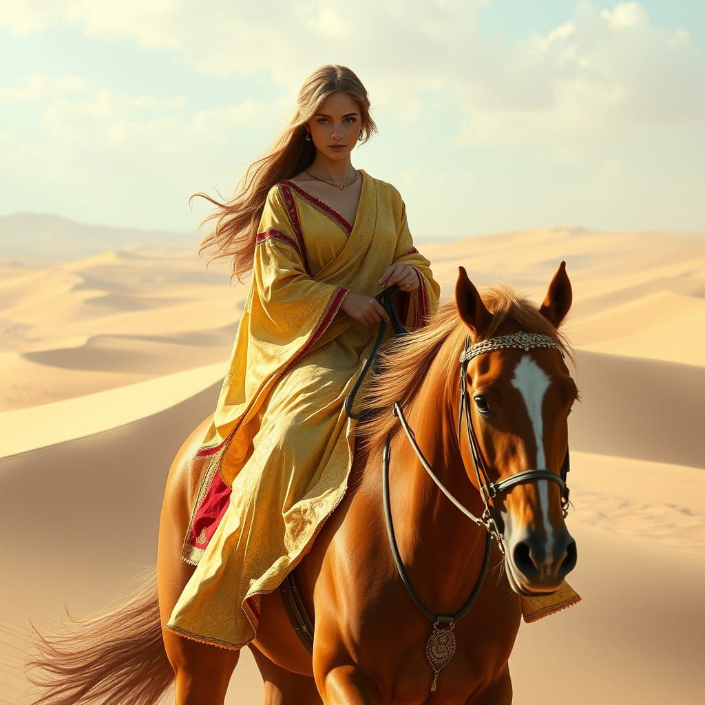 Desert Princess Rides Majestically Across Golden Dunes in Ph...