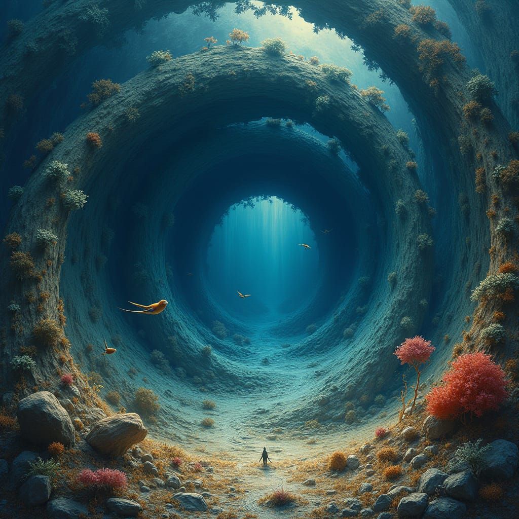 Hidden Animals in Swirling Navy and Tan Vortex