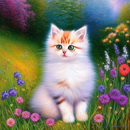 Fluffy Kitten in Flower Meadow: Oil Painting
