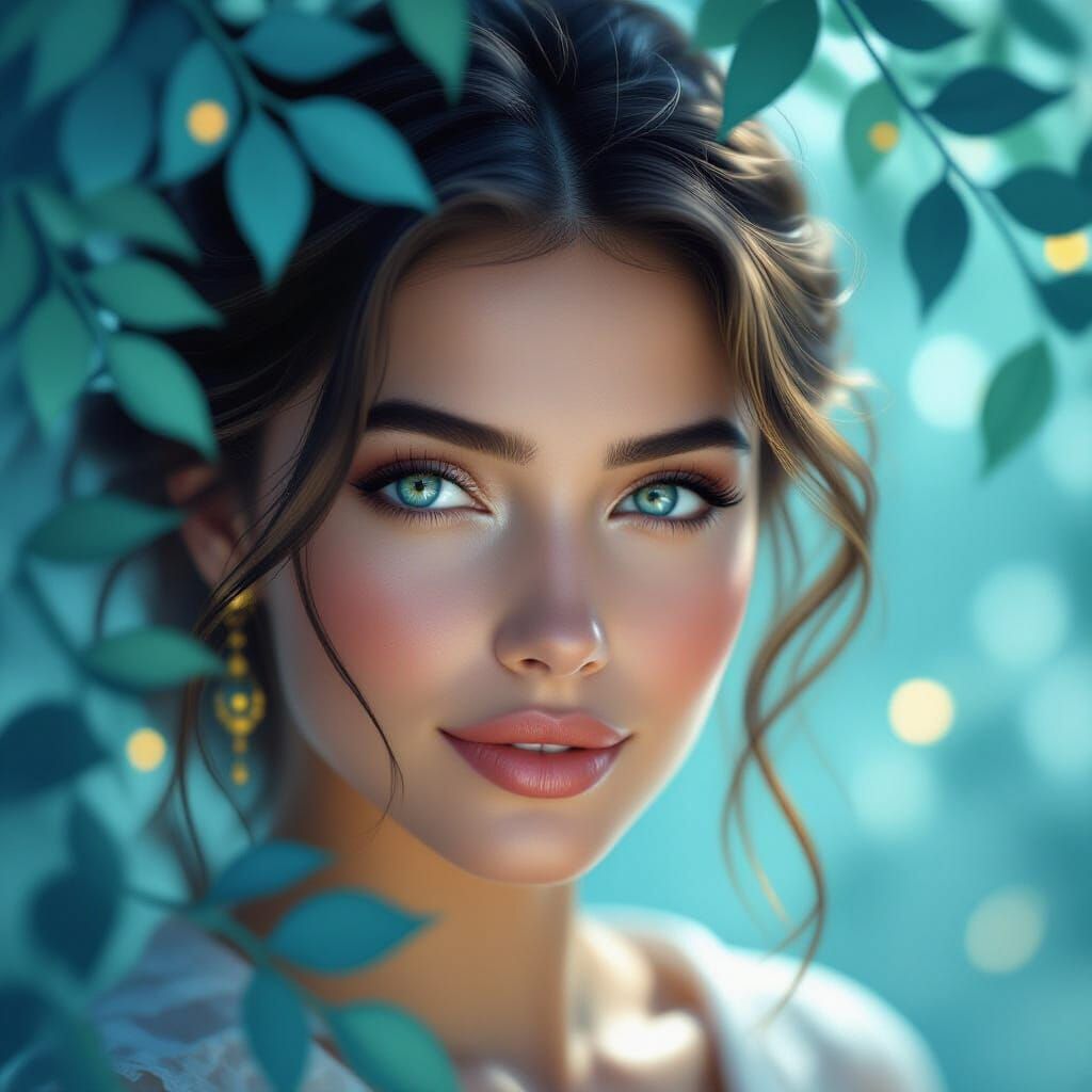 Woman's Face Amidst Blue Foliage with Golden Light