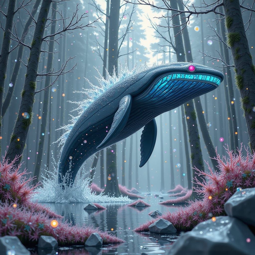 Glowing Whale Leaps from Crystalline Forest