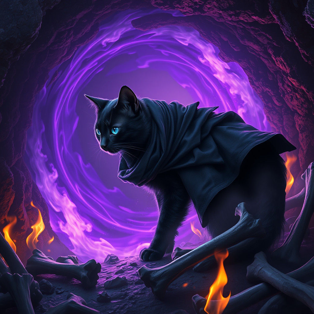 Mystical Black Cat Emerges from Purple Fire