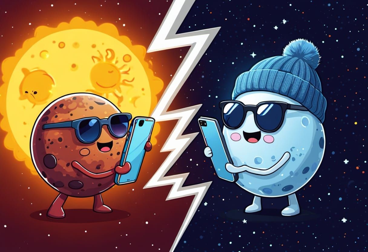 Mercury & Pluto Face-Timing: Kawaii Cartoon Style