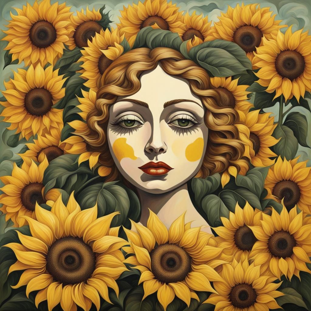 Sunflower Girl in 1920s Surrealist Style