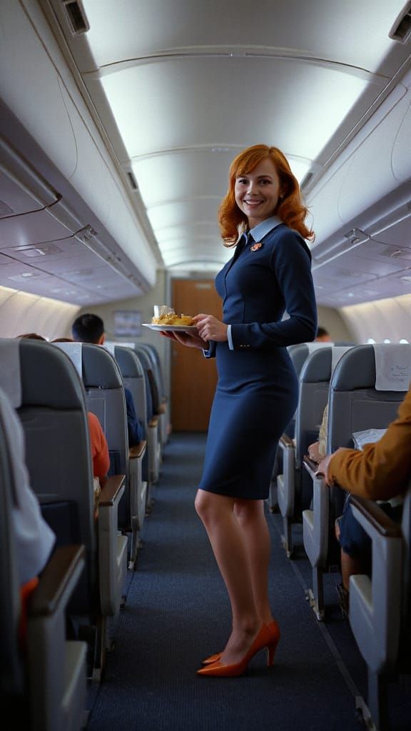 1970s Stewardess Serving Meals Aboard Vintage Airplane