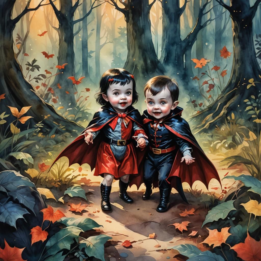 Adorable Baby Dracula and Vampirella in Mystical Forest