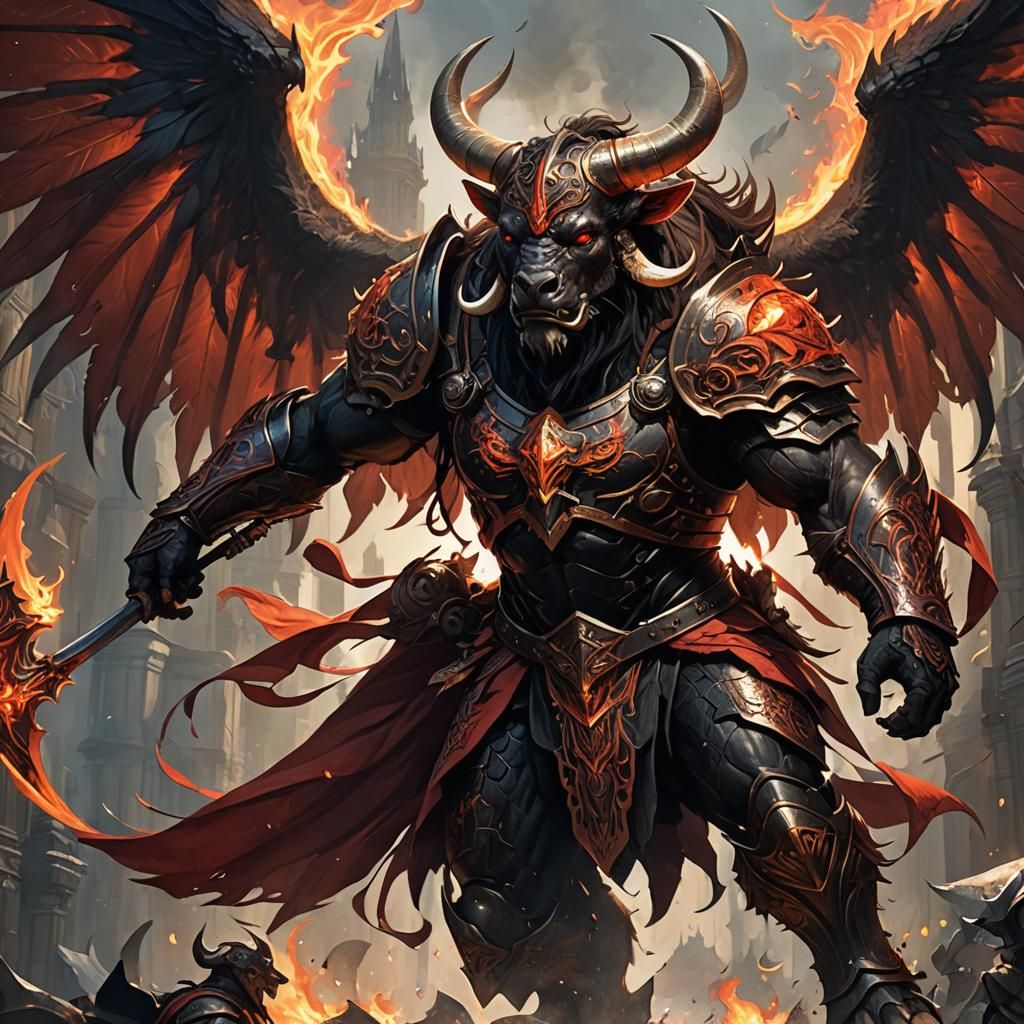 Winged Minotaur with Flaming Sword, Dark Fantasy Art