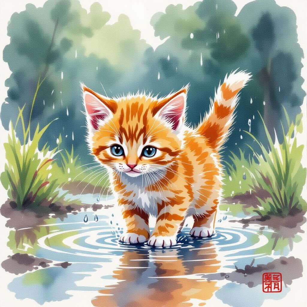 Ginger Kitten Emerges from Puddle: Watercolor Art