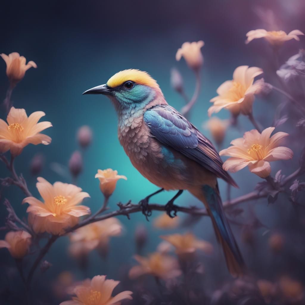 Botanical Bird Hybrid in a Liquid Background