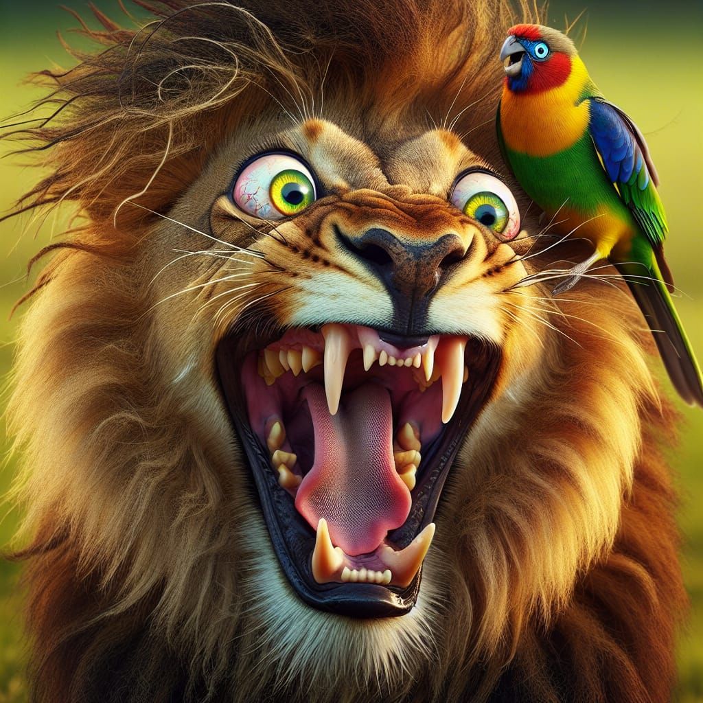 Playful Lion with Bird: A Whimsical Close-Up