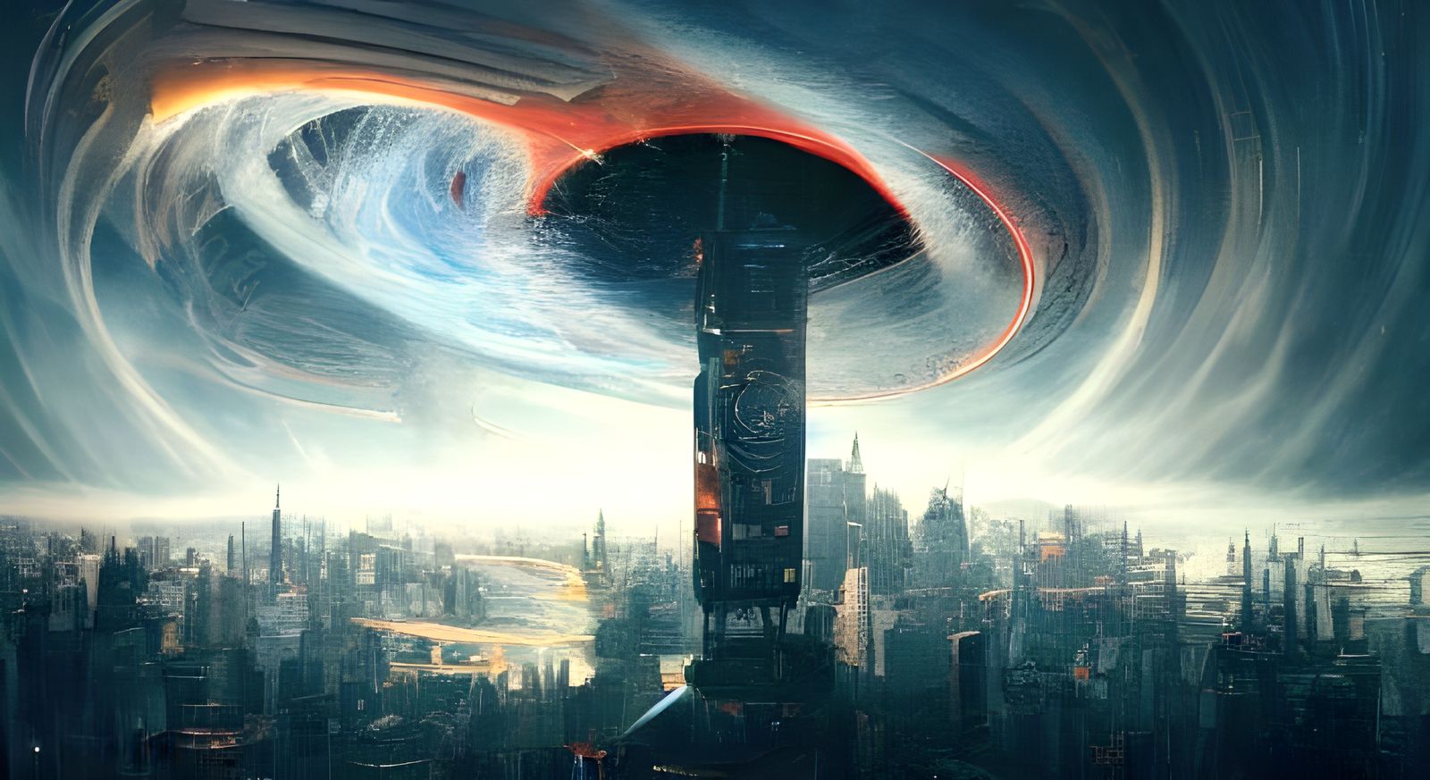 Surreal Sci-Fi Landscape with a Giant Red Button and Black H...