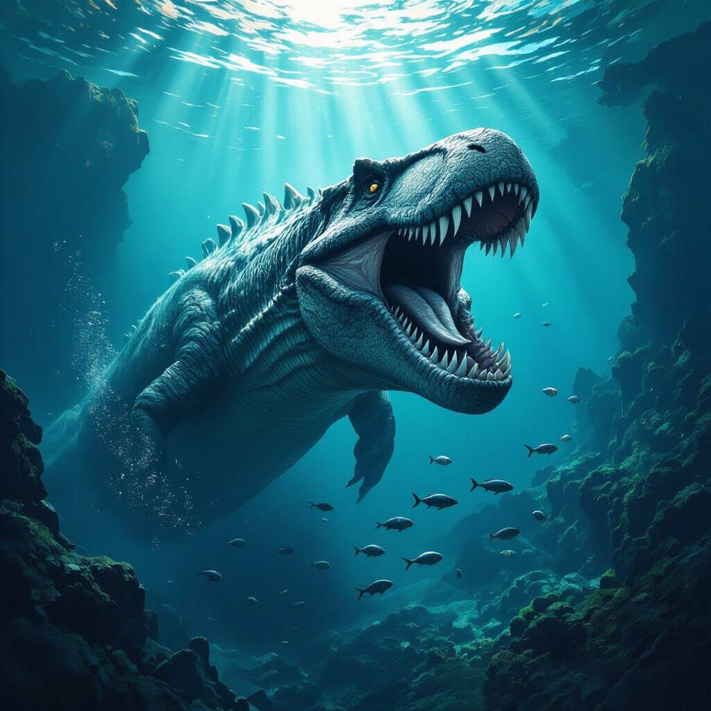 Mosasaurus Emerges from Deep Ocean in Photorealistic Style