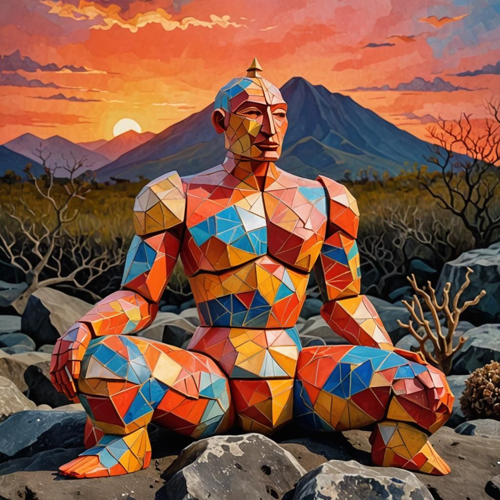 Warli Golem Watches Cubist Sunset, Surrealist Painting