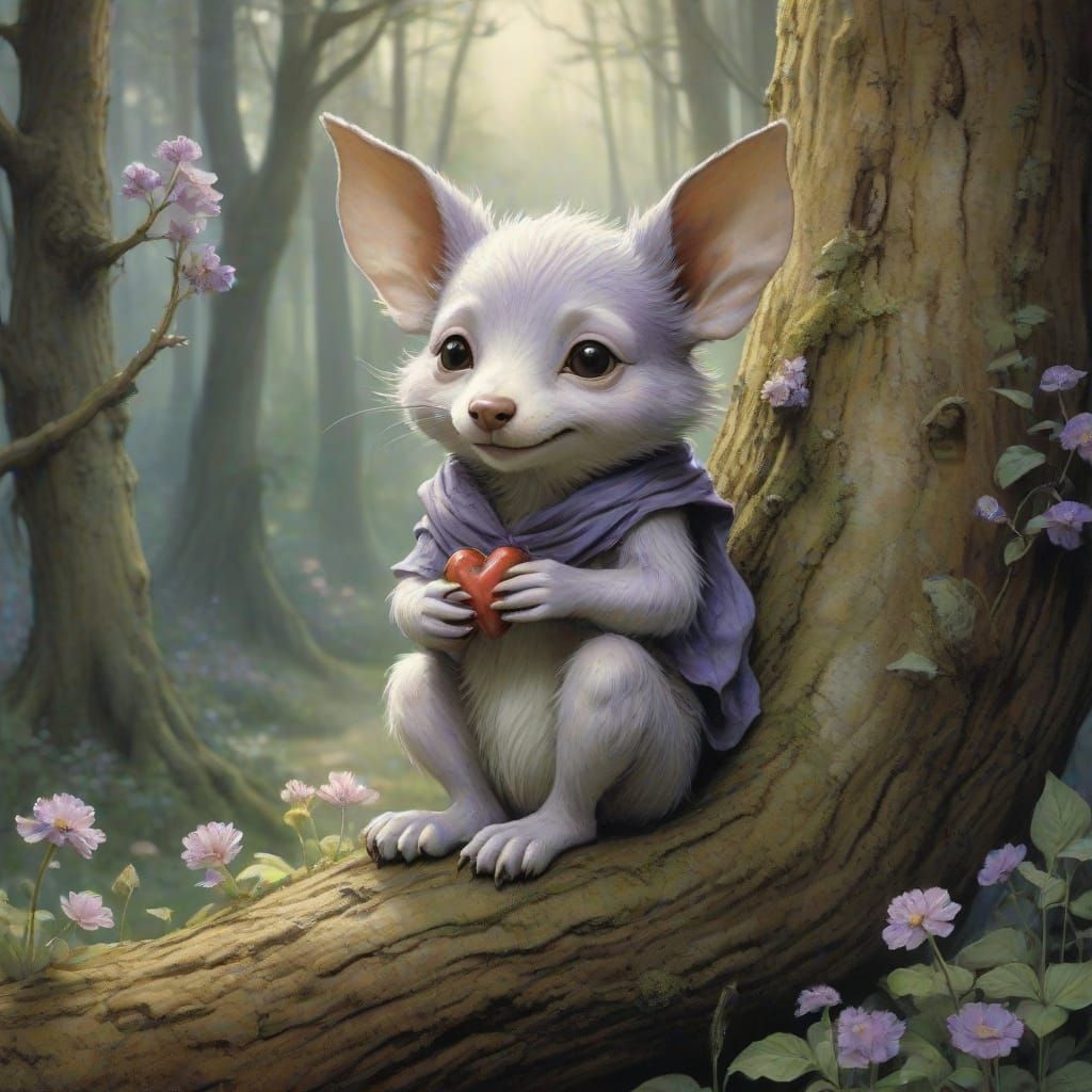 Whimsical Lavender Dog in Enchanted Forest Illustration