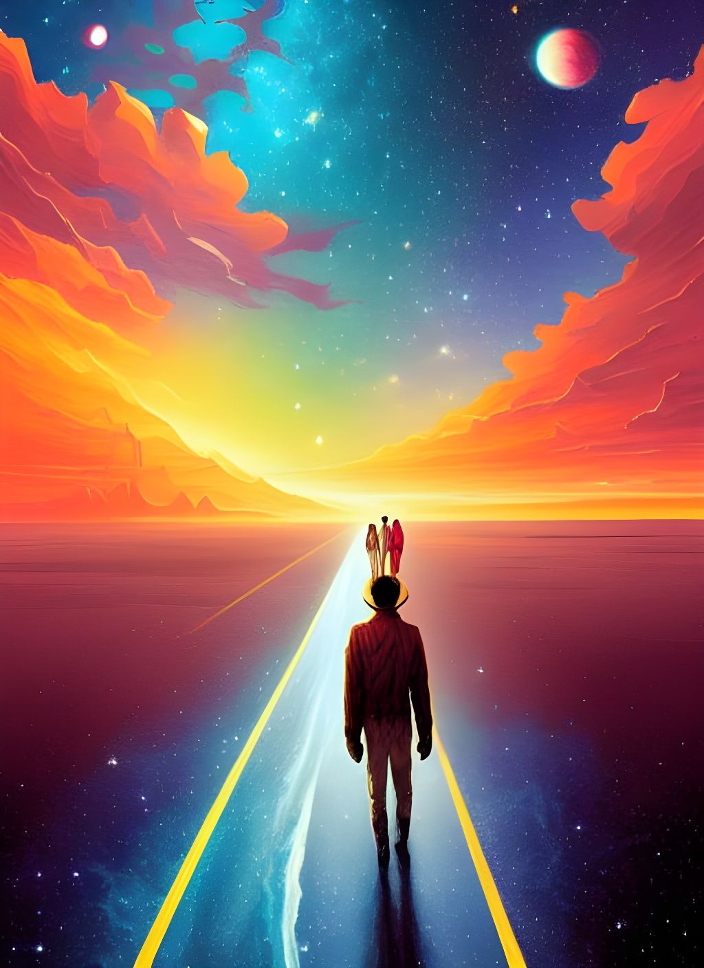 Boy's Cosmic Desert Walk: Hyperrealistic Digital Art