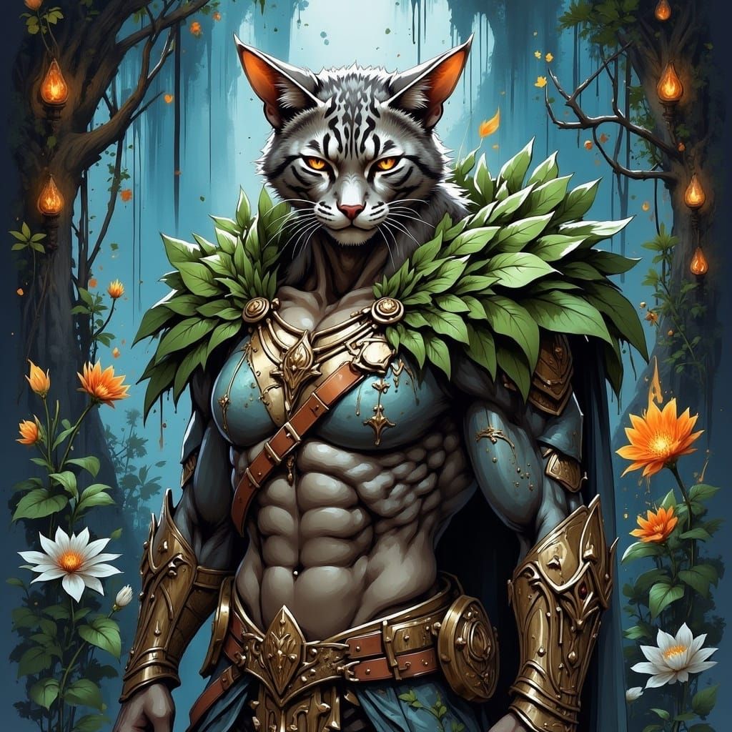 Cat-Man in Leaf Armor: Fantasy Illustration