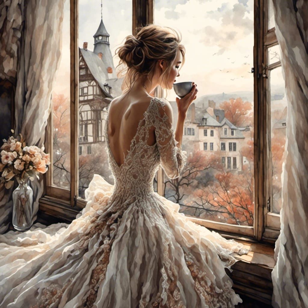 Exotic Woman Drinking Coffee in Antique Watercolor Style