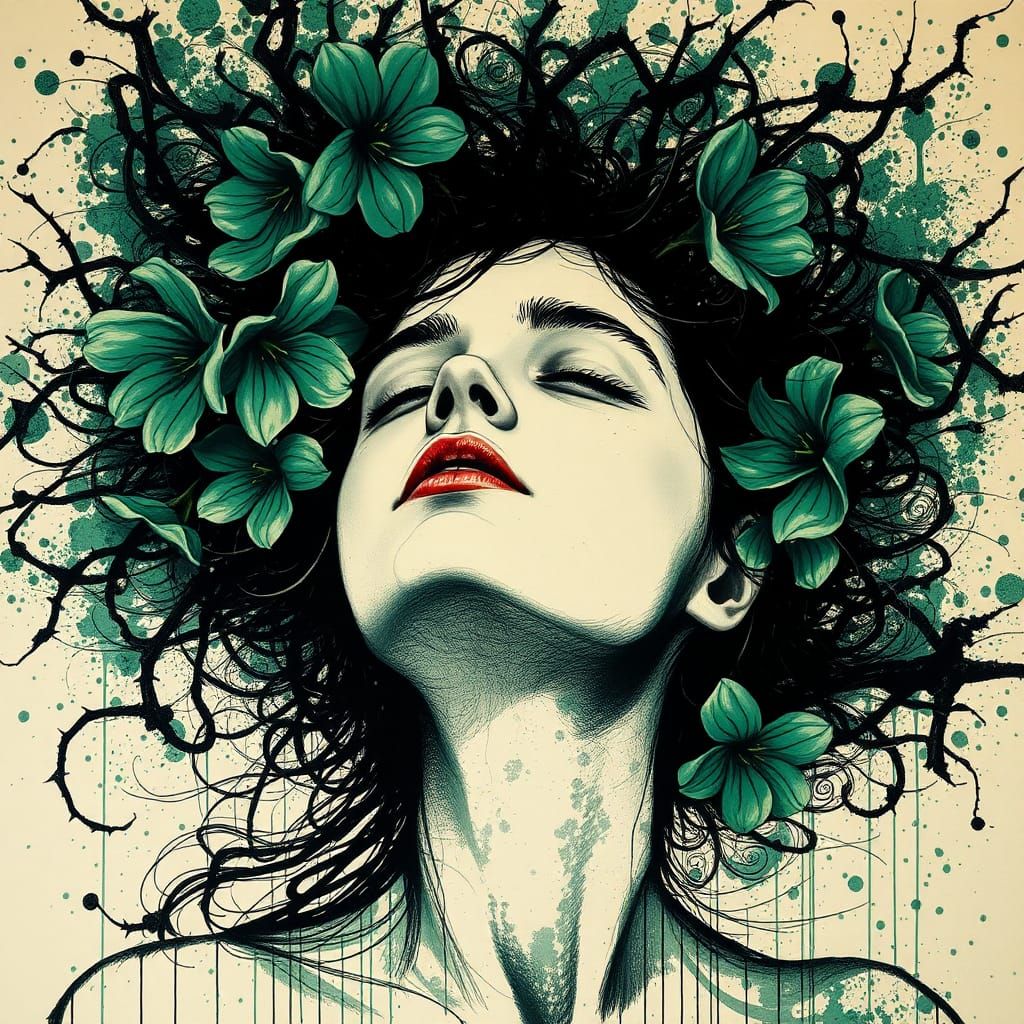 Serene Woman in Dark Emerald Flower Halo