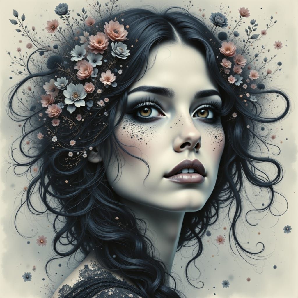 Ethereal Woman with Long Eyelashes, Watercolor Style