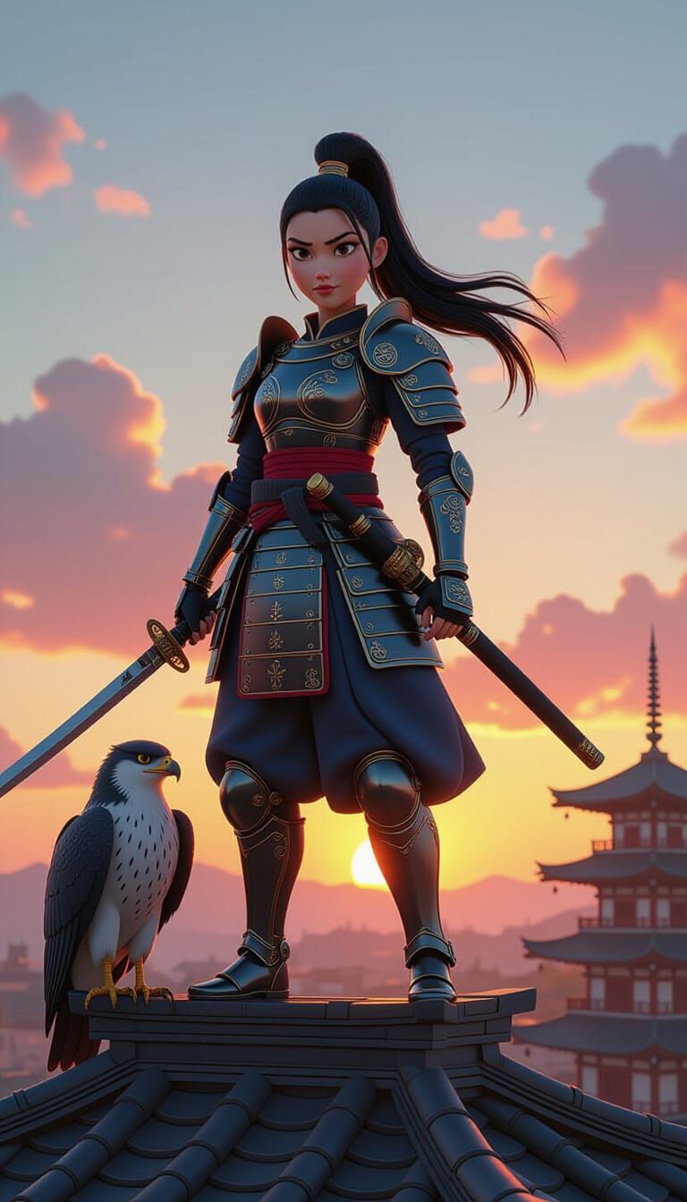 Armored Warrior Princess with Robotic Hawk in Pixar Style