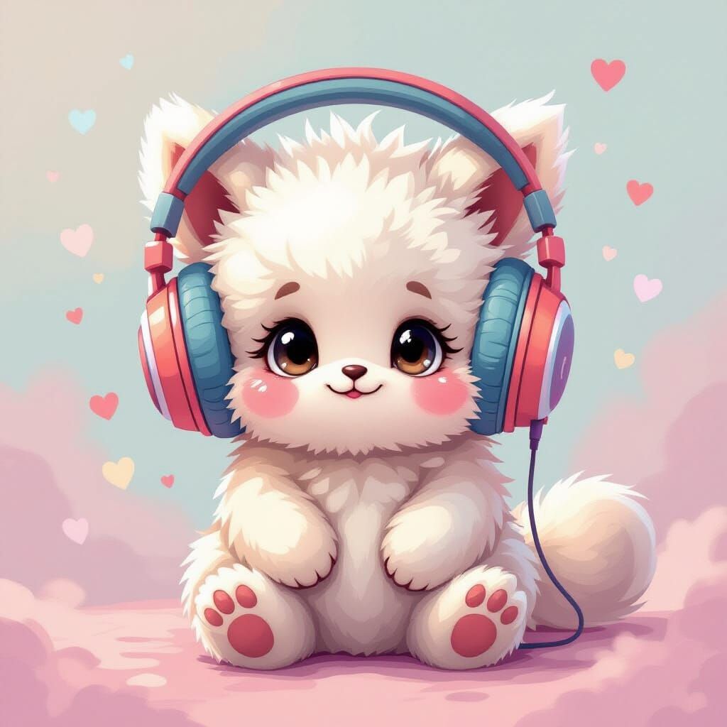 Cute Creature with Headphones in Whimsical Style