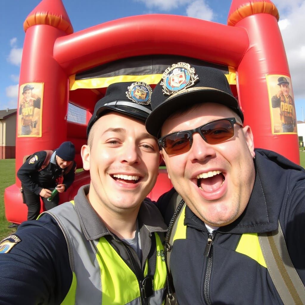 Cop's Amusing Selfie in Bouncy Castle