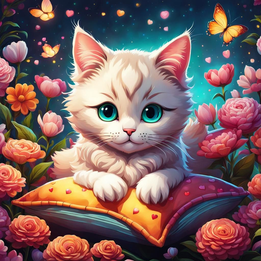 Cute Cat Surrounded by Flowers in Visionary Art Style