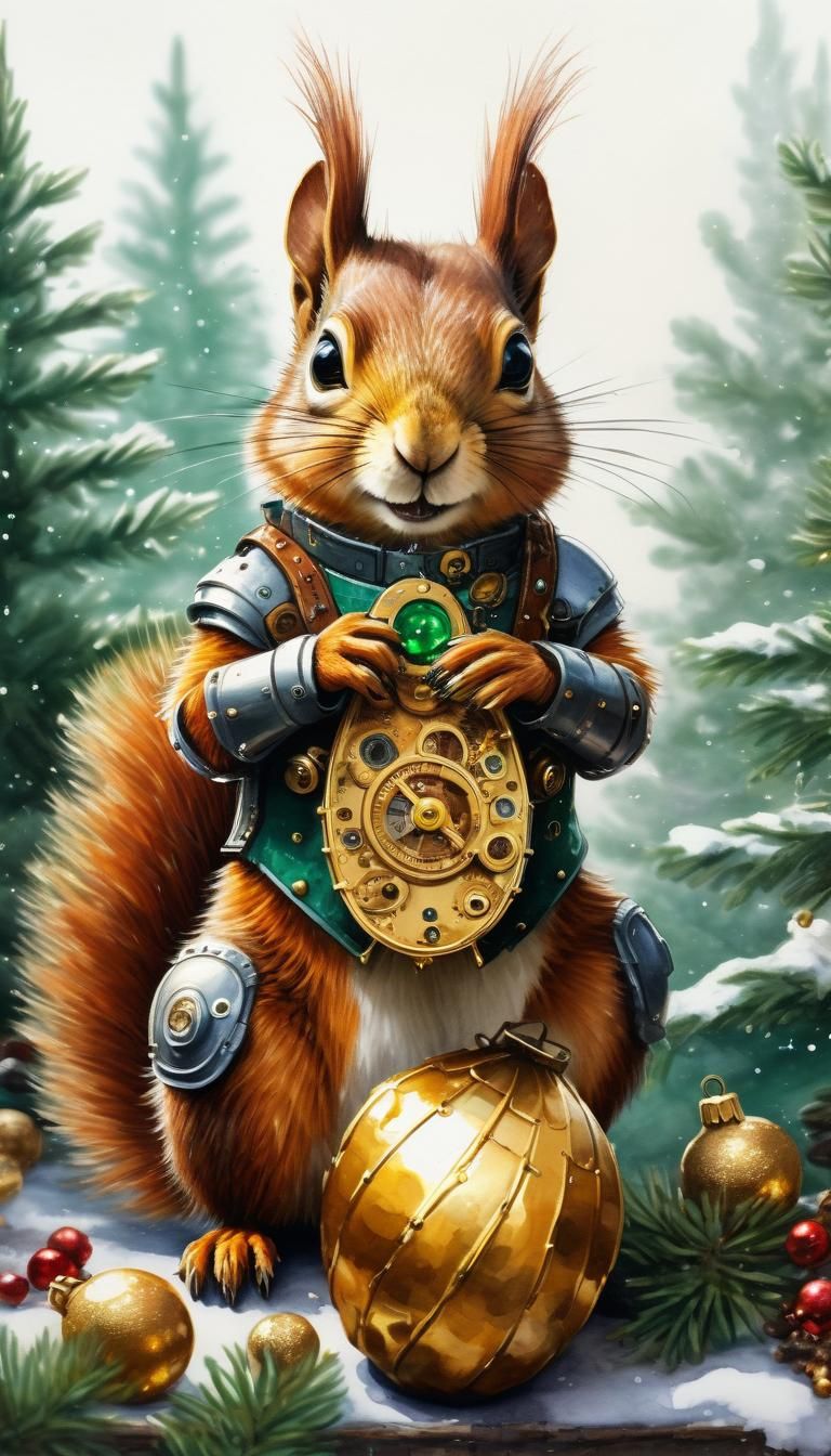 Steampunk Squirrel Christmas Carol in Watercolor
