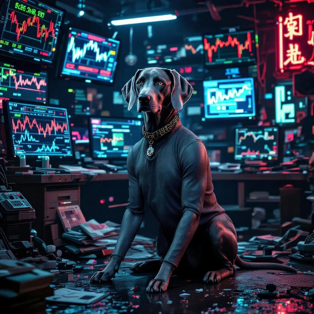 Cyberpunk Weimaraner Dog Amidst Stock Market Charts