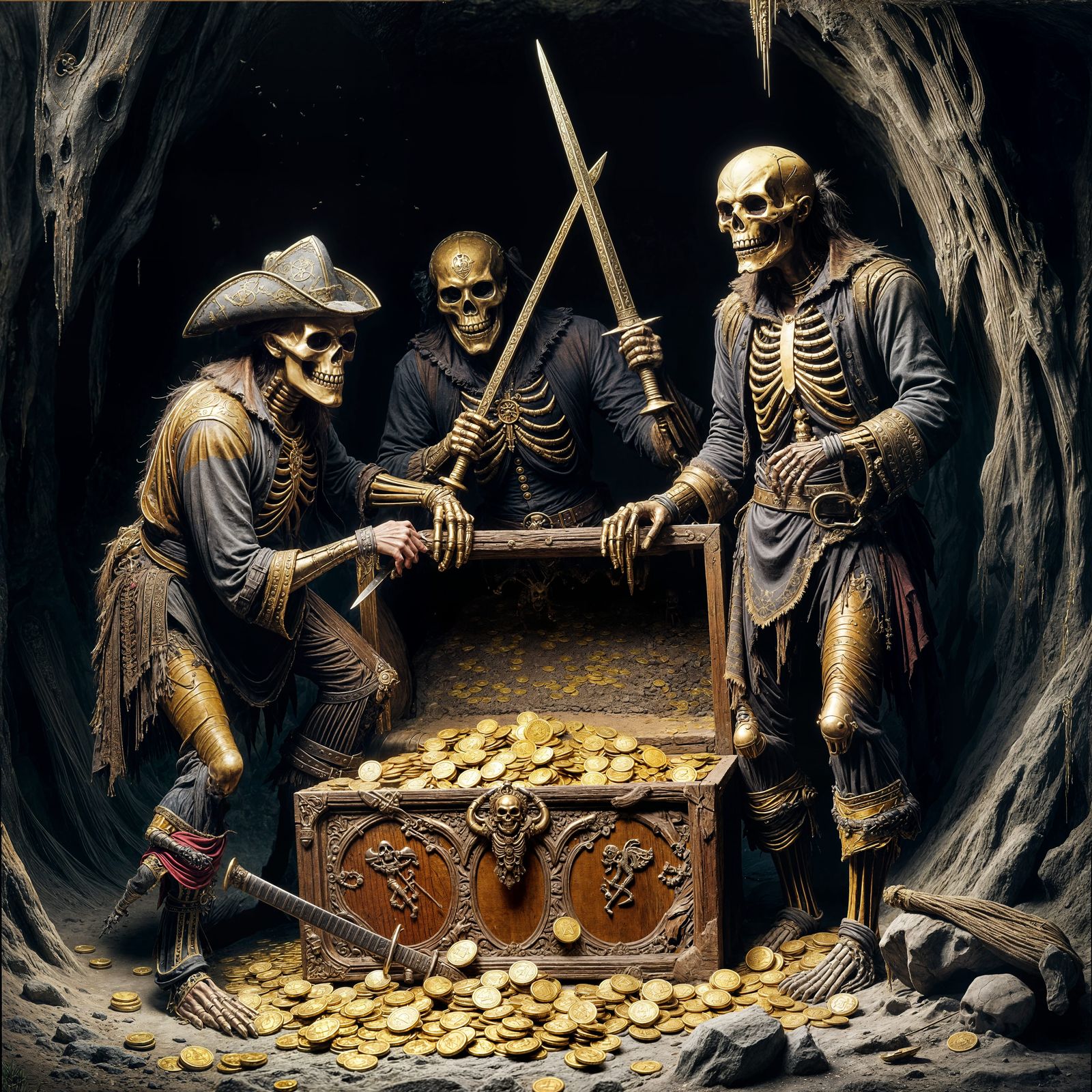 Sinister Pirate Skeletons Guard Treasure in Cave