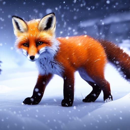 Fox Cub's Winter Frolic in Detailed Digital Painting