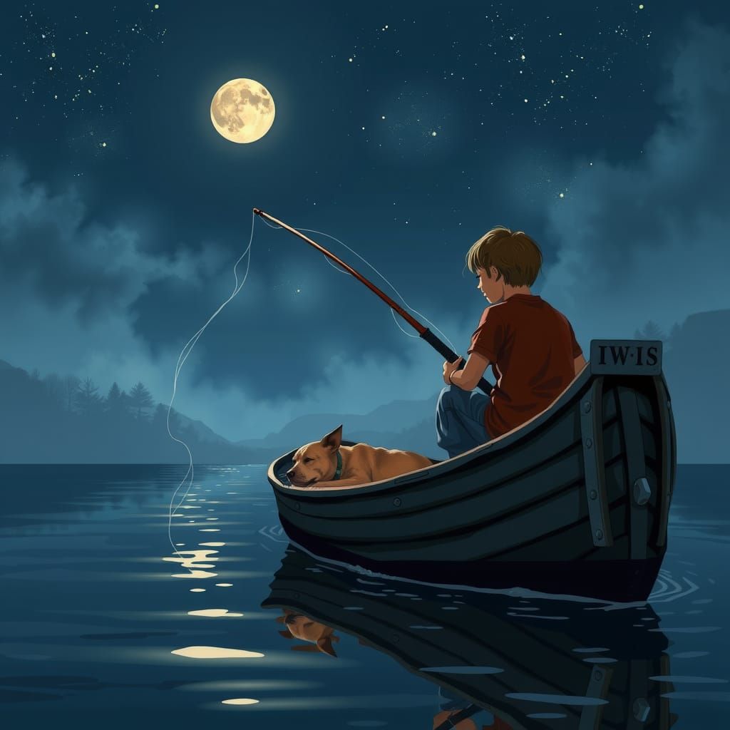 Boy Fishing with Dog in Rowboat at Night