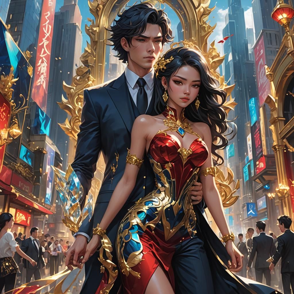 Anime Cityscape with Towering Crystals and Ornate Figures