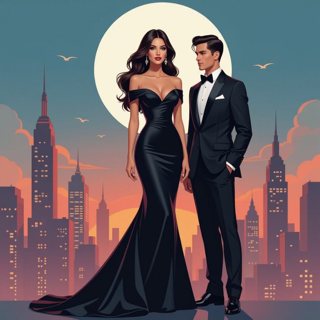 Tall Woman and Short Man in Vibrant Cityscape