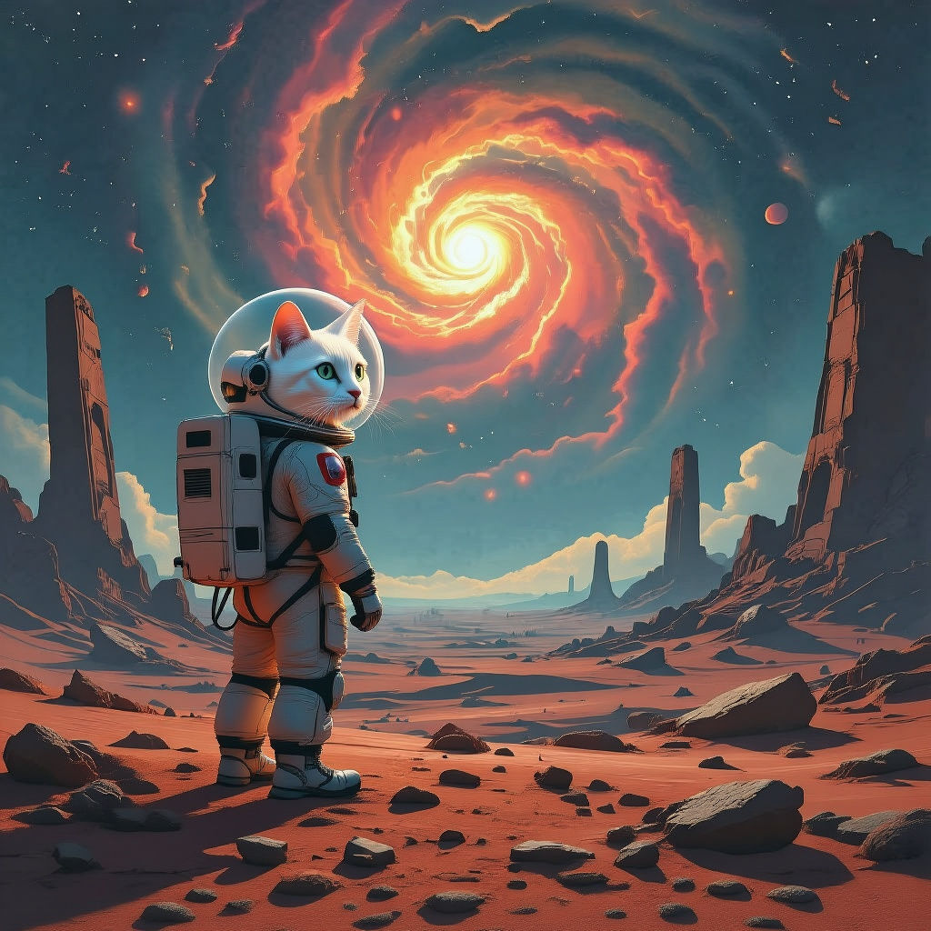 Astronaut Cat on Alien Planet in Biomechanical Style