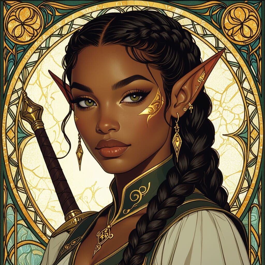 Elven Black Woman with Gold Accents and Rapier