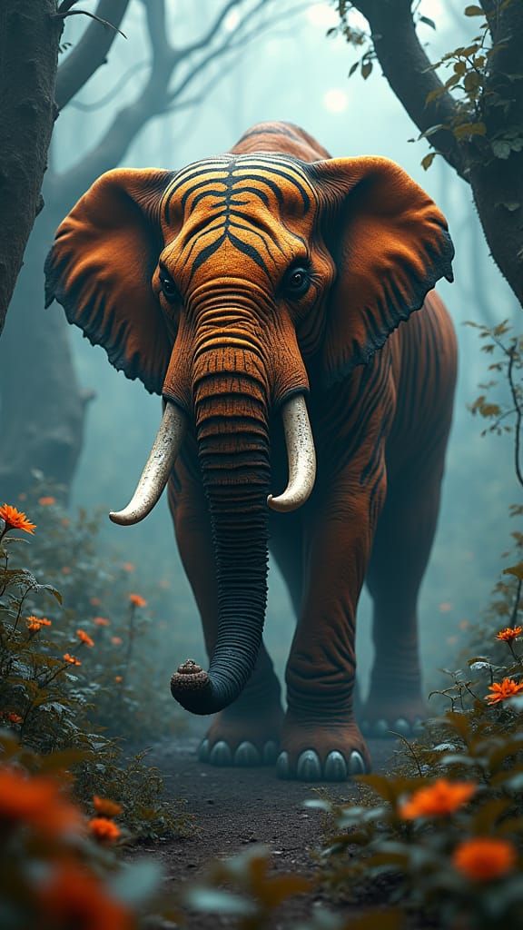 Elephant-Tiger Hybrid Prowls Through Jungle in Matte Paintin...