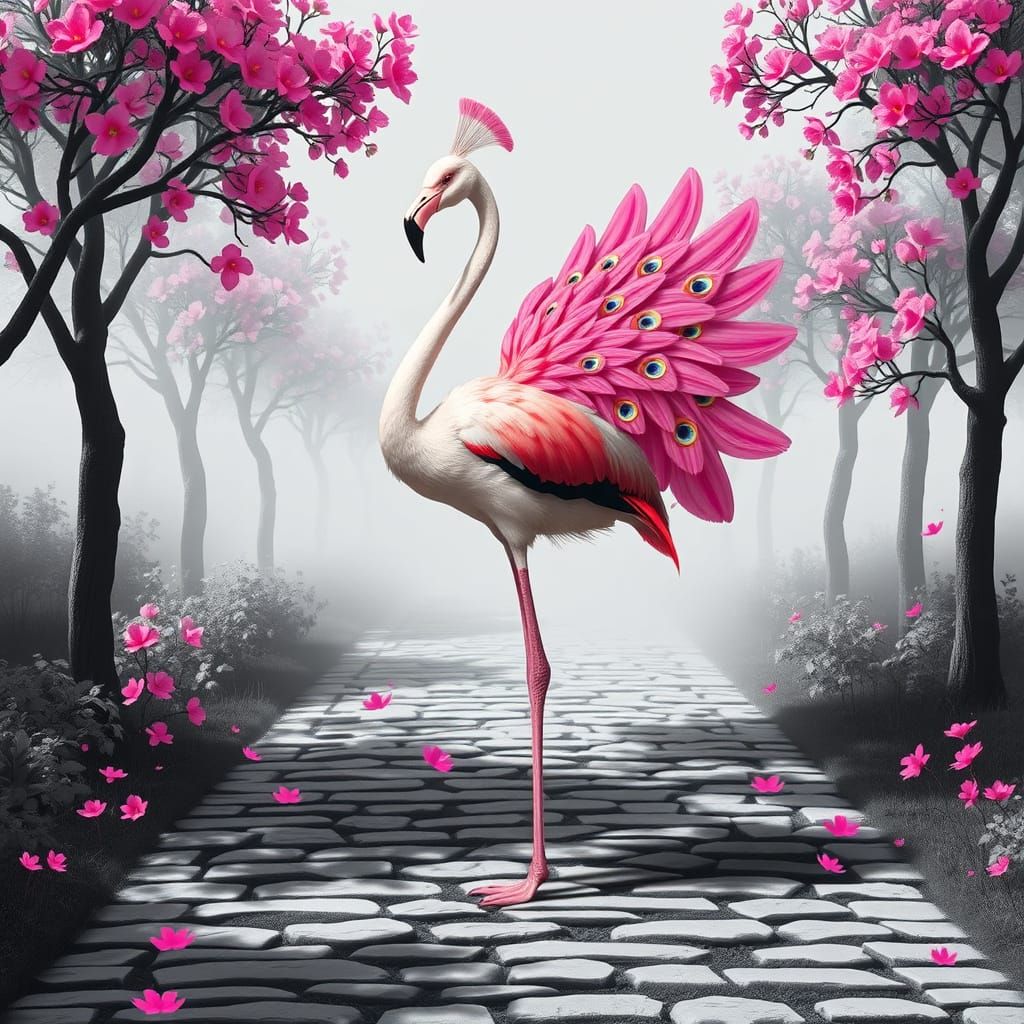 Flamingo and peacock hybrid in Grey & Pink