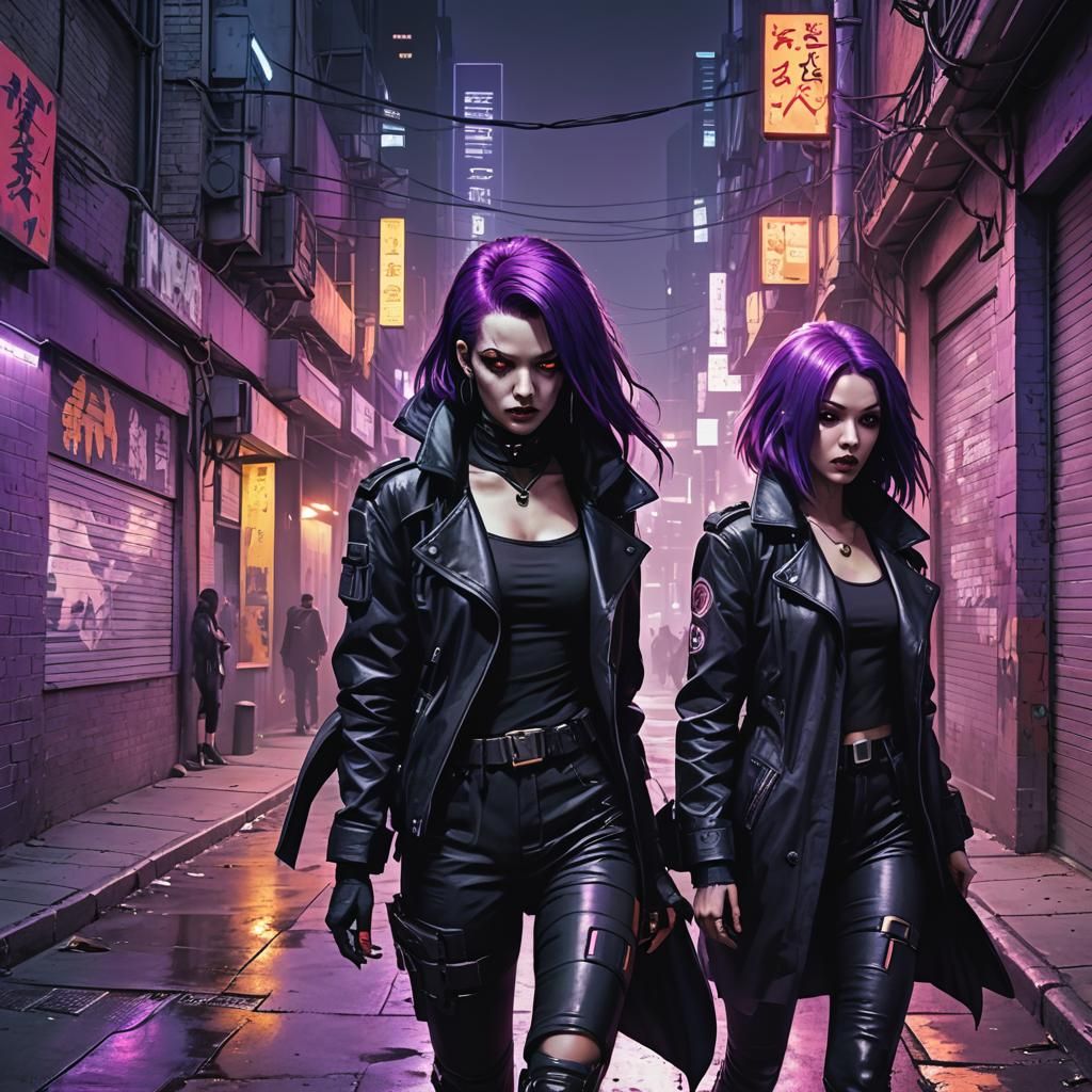 Cyberpunk Vampire Stalking Woman in Alley