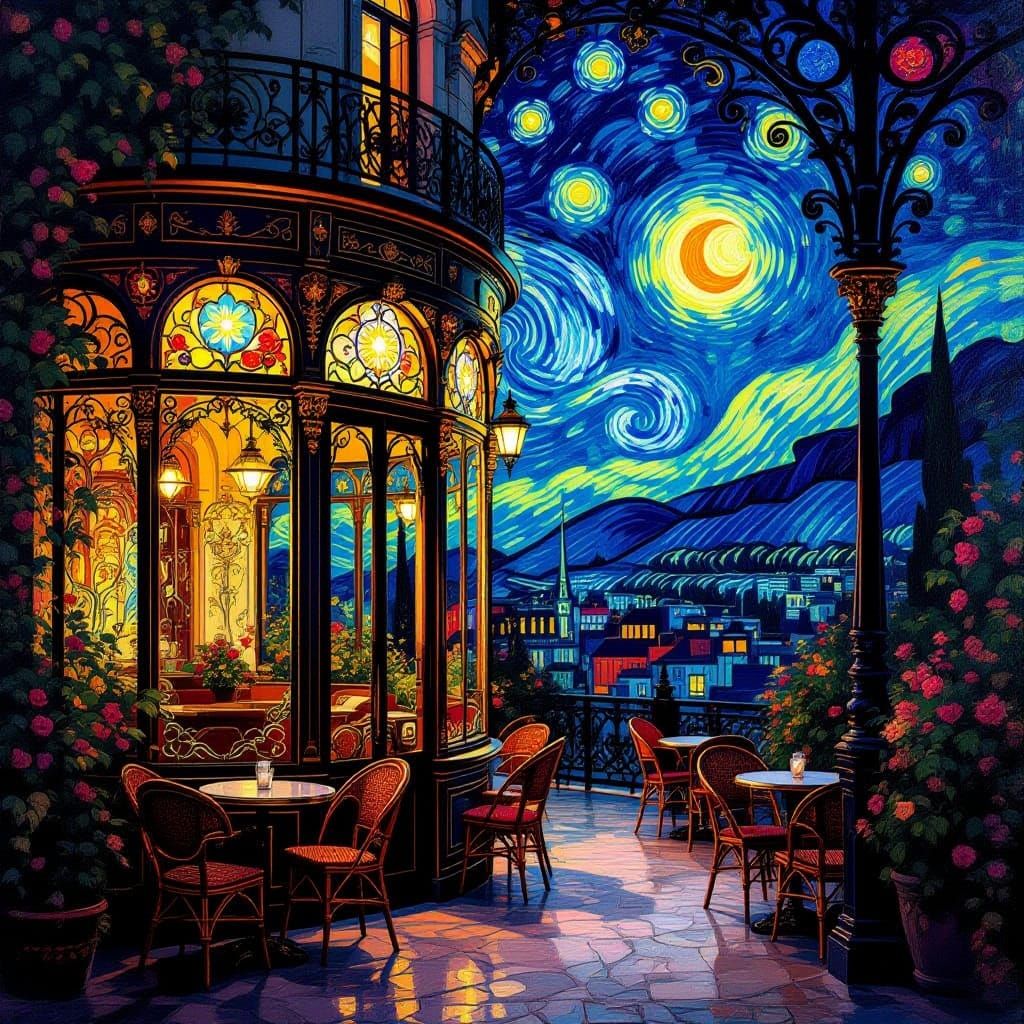Art Nouveau Cafe at Night in Van Gogh Style