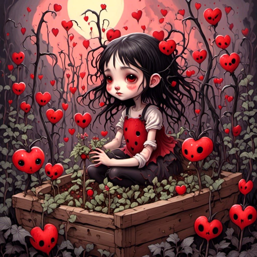 Chibi Girl Gardening in a Colorful Cottage Garden