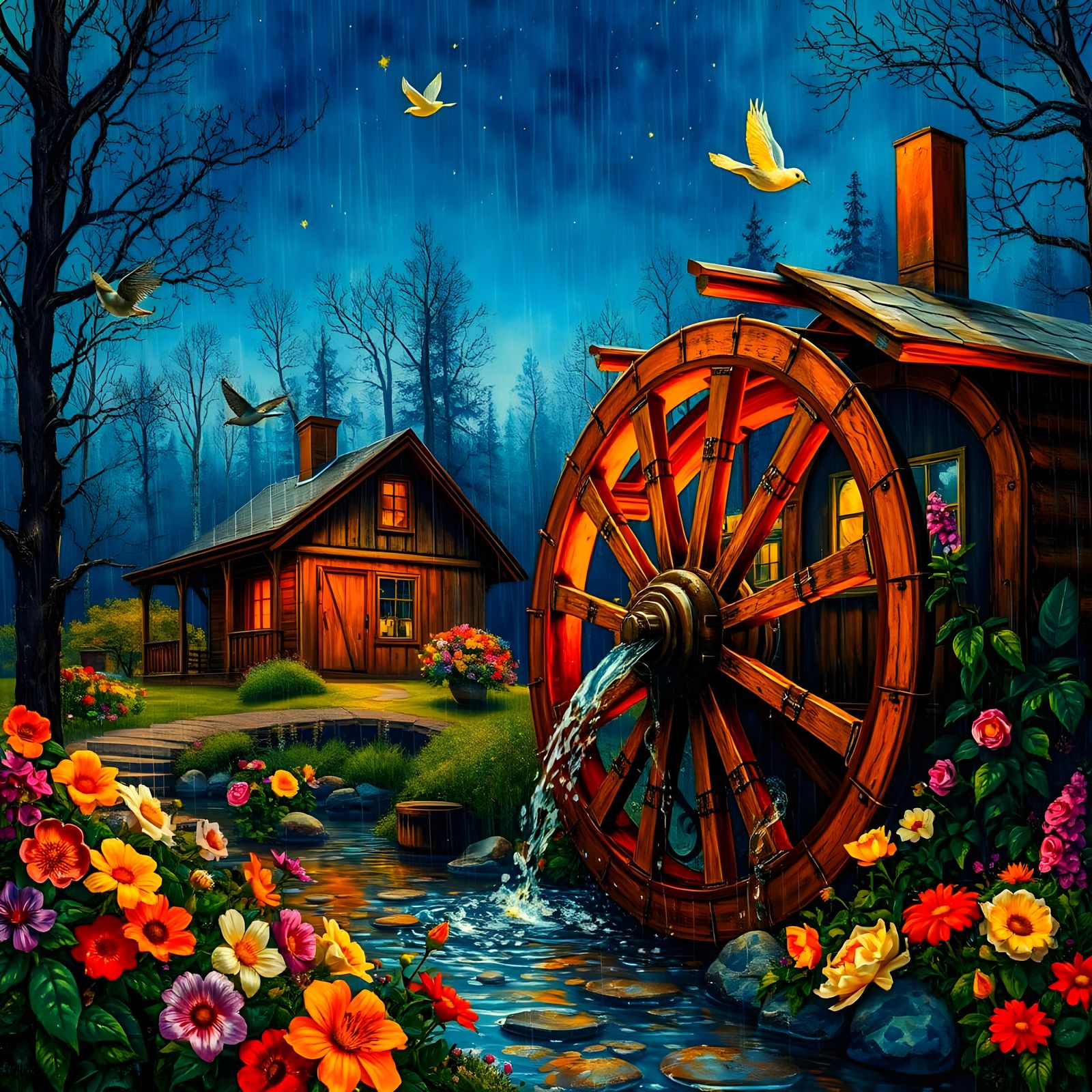 Whimsical Rainy Garden Scene in Vibrant Impasto Style