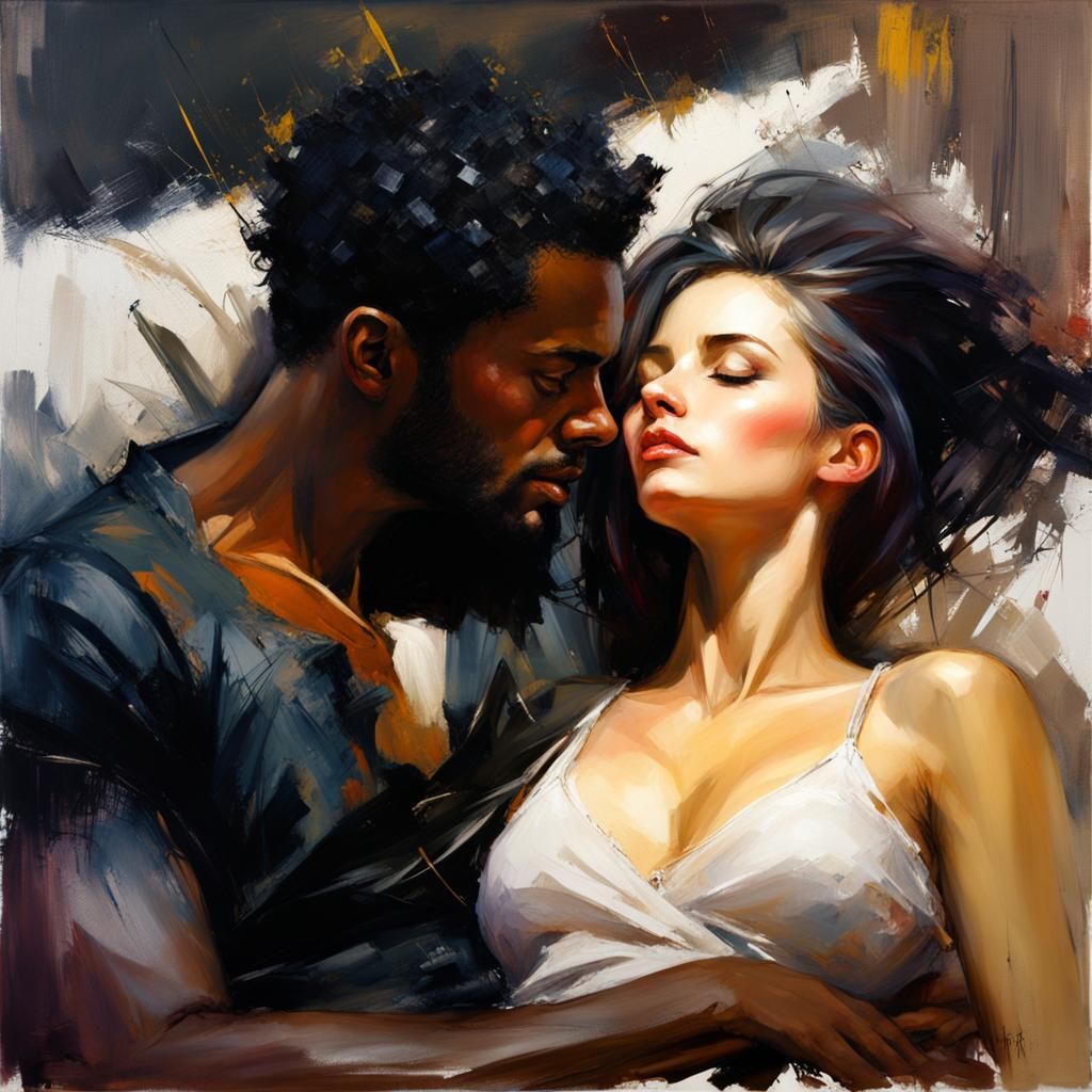 Harmonious Sleep: Interracial Couple in Splash Art Style