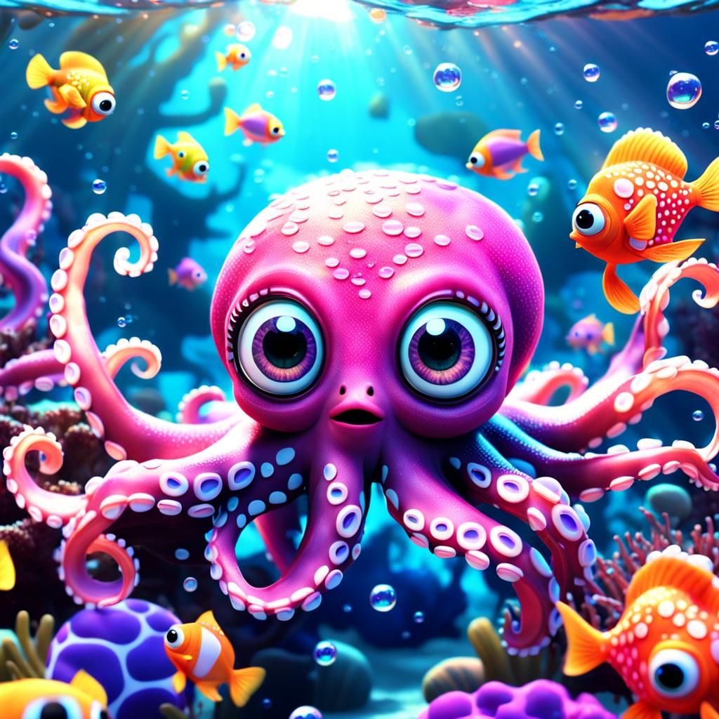 A cute, pink baby octopus with big eyes swimming in an under...