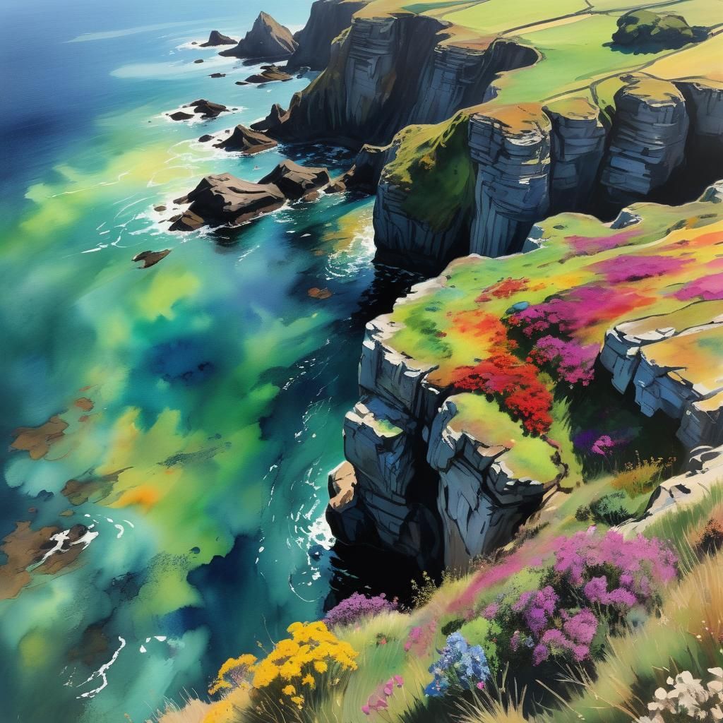 Sunny Cornwall Cliffs in Watercolor Chiaroscuro Style